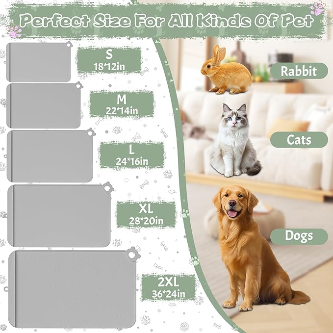Silicone Dog Food Mat With Residue Collection Pocket - Waterproof Pet Feeding Mat for Cats and Dogs, Raised Edges, Hooks, Placemats for Water Bowl