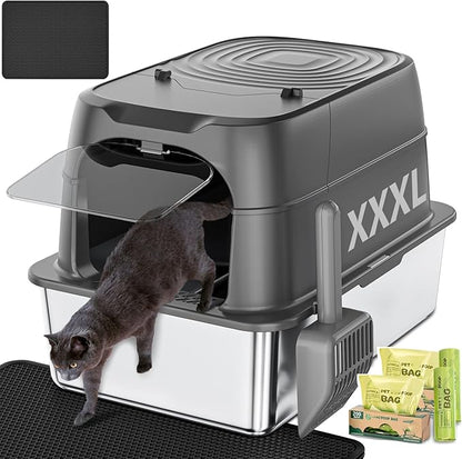 XXXL Jumbo Stainless Steel Litter Box with Lid, 26" L x 18" W x 17" H Extra Large Stainless Steel Litter Box, 400 Count Cat Poop Bags + Cat Litter Mat,Non-Sticky, Anti-Leakage, Easy to Clean