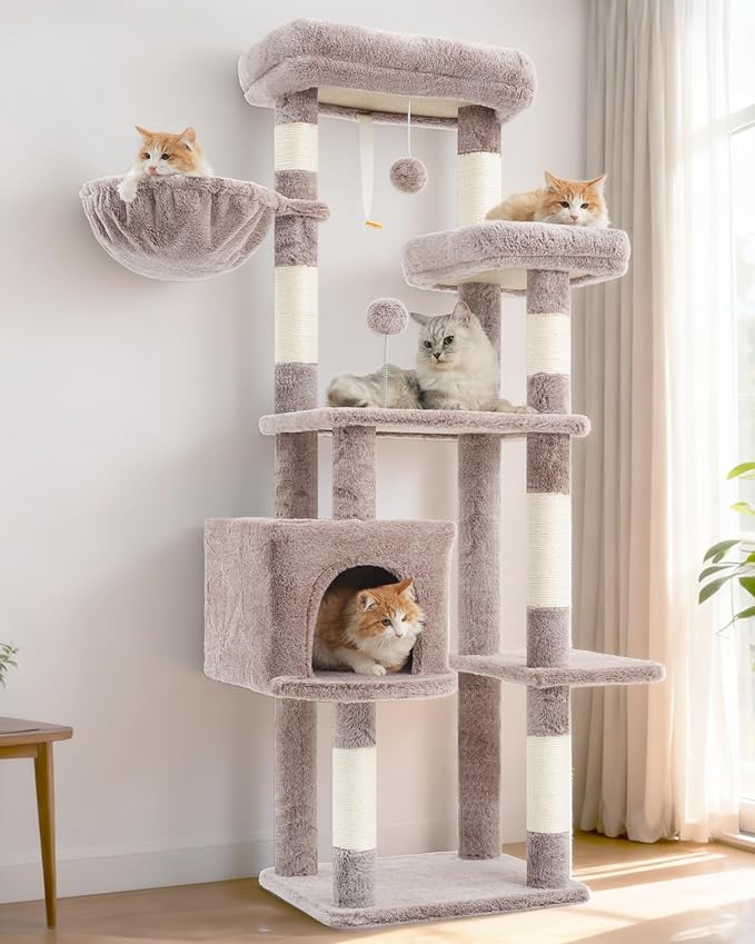 Cat Tree for Indoor Cats, 55.1 inch Cat Tower with 7 Sisal Scratching Posts, Multi-Level Cat Condo wit Large Play Platform Furry Ball, Cat Cave, 2 Padded Perches, Basket, Mushroom GCT013MU