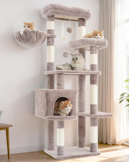 Cat Tree for Indoor Cats, 55.1 inch Cat Tower with 7 Sisal Scratching Posts, Multi-Level Cat Condo wit Large Play Platform Furry Ball, Cat Cave, 2 Padded Perches, Basket, Mushroom GCT013MU