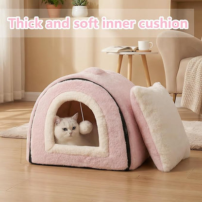 Cat Bed for Indoor Cats，Foldable cat cave，Anti-Slip & Water-Resistant Bottom，cat Houses for Indoor Cats or Small Dogs, Kitten Tent, Rabbit Bed，2 in 1 pet Bed (Pink)