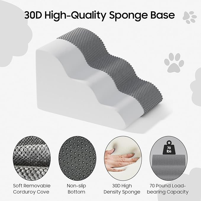 Pet Stairs for Small Dogs and Cats, Comfortable Curved Design with Waterproof Cover, High-Density Foam Steps for Beds or Sofas, Durable and Lightweight, 3-Layer, 21.7x15.7x13.8 Inches Grey