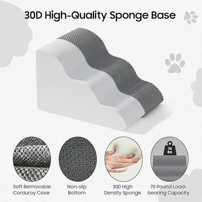 Pet Stairs for Small Dogs and Cats, Comfortable Curved Design with Waterproof Cover, High-Density Foam Steps for Beds or Sofas, Durable and Lightweight, 3-Layer, 21.7x15.7x13.8 Inches Grey