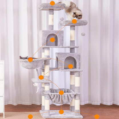 Heybly Cat Tree, 70 inches Tall Cat Tower Condo with Toy for Indoor Large Cats, Cat House Furniture with Padded Plush Perch, Cozy Hammock and Sisal Scratching Posts, Light Gray HCT032W