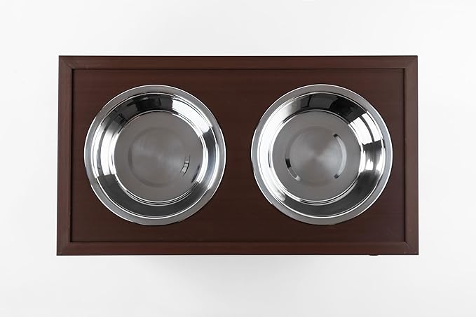 New Age Pet ECOFLEX Piedmont Fixed Height Elevated Dog Feeder in Brown, Two Bowl Design, Sliding Lid Storage, 32 oz Bowls, Space Efficient, 15-20 lbs Food Storage, Easy Clean