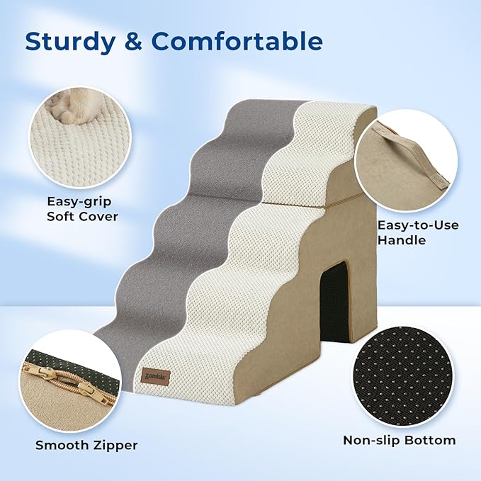 Dog Steps for High Beds - 6 Step 29" H Pet Stairs with Tunnel 2 in 1 with Zippers Suitable for Large Dogs and Cats, Indoor Cat Ladders with Non-Slip Bottom, Beige