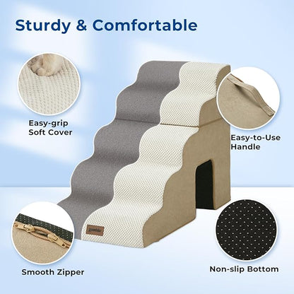Dog Steps for High Beds - 6 Step 29" H Pet Stairs with Tunnel 2 in 1 with Zippers Suitable for Large Dogs and Cats, Indoor Cat Ladders with Non-Slip Bottom, Beige