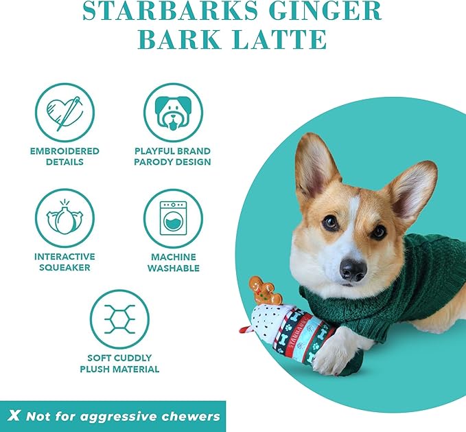 Haute Diggity Dog Starbarks Ginger Bark Latte, Plush Holiday Christmas Dog Toys with Interactive Squeaker, Stimulating Pet Enrichment, Machine-Washable & Safe Materials for All Breeds, One Size