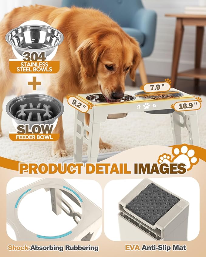 Elevated Dog Bowls for Medium Size Dogs with Mat, Non-Slip Dog Feeder with 1*Stainless Steel Dishes & 1*Slow Feeder Bowl, 5 Heights Adjustable Raised Bowls for 3.15″-8.66″-9.84″-11.02″-12.2″