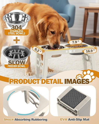 Elevated Dog Bowls for Medium Size Dogs with Mat, Non-Slip Dog Feeder with 1*Stainless Steel Dishes & 1*Slow Feeder Bowl, 5 Heights Adjustable Raised Bowls for 3.15″-8.66″-9.84″-11.02″-12.2″