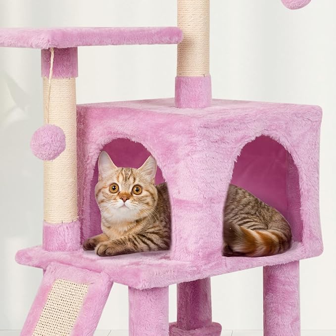 MIAO PAW Pink Cute Cat Tree for Indoor Cat Tower with Scratching Post Modern Activity House Hammock Hanging Ball Condo with Board