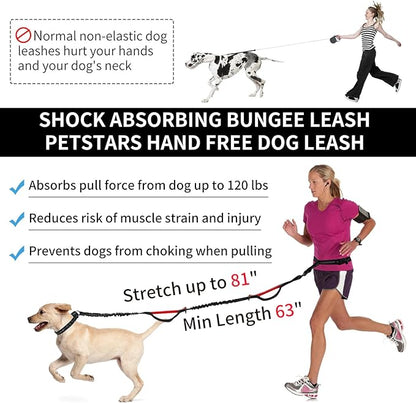 Hands Free Dog Leash with Zipper Pouch, Retractable Bungee Waist Leash with Dual Padded Handles & Waist Belt Fanny Pack for Medium & Large Dog Training Walking Running Hiking Jogging (Red)