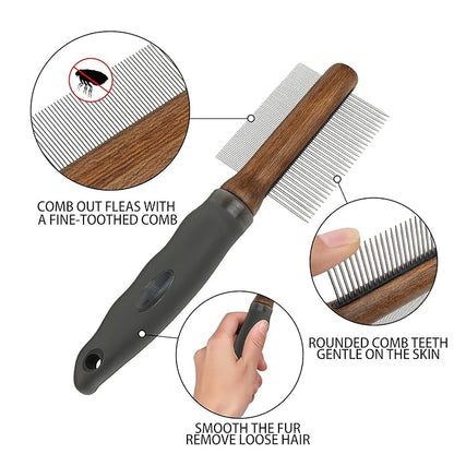 2-in-1 Dog Dematting&Deshedding Comb with Wooden Handle Double-Sided Fine&Wide Teeth Dematting Comb Pet Flea Comb for Dogs and Cats Remove Loose Hair Tangles Dirt Fleas