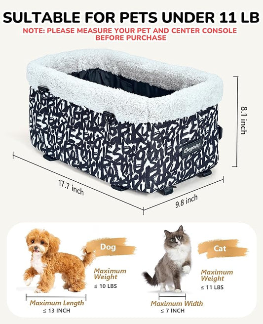 BurgeonNest Center Console Dog Car Seat for Small Dogs, Puppy Cat Car Seat Booster with Soft Cushion Safety Belt, Seats Safe & Cozy Metal Frame Armrest Dog Booster Pet Under 11 lbs (Graffiti)