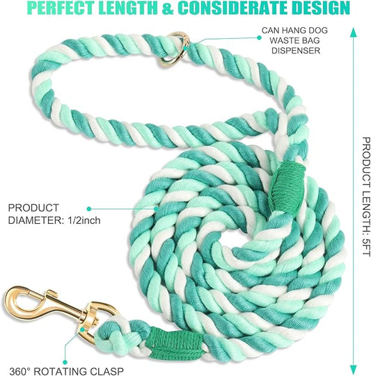 Dog Leash 5 FT Handmade Braided Cotton Rope Leashes for Small Medium and Large Dogs, New Golden Heavy Duty Metal Clasp, Moss Green