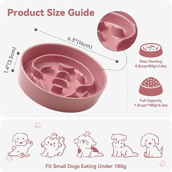 Ceramic Slow Feeder Dog Bowl - Feeding Dish for Fast Eaters - Maze Dog Bowl to Slow Down Eating - Ideal Food Control Dish for Small Breeds - 0.8 Cups (80g) - 6.3 Inch - Pink
