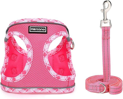 Mercano Soft Mesh Dog Harness and Leash Set, No-Chock Step-in Reflective Breathable Lightweight Easy Walk Vest Harnesses with Safety Buckle for Small Dogs, Cats (L, Fuchsia)