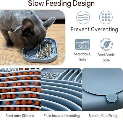 Slow Feeder Dog Bowl for Medium & Small Pets, Anti Choking Pets Slow Feeder with 3-Zone Puzzle Design, Wet Food Silicone Cat Bowl with Non-Slip Base, Dishwasher Microwave Safe(Blue, 1.5 Cup)