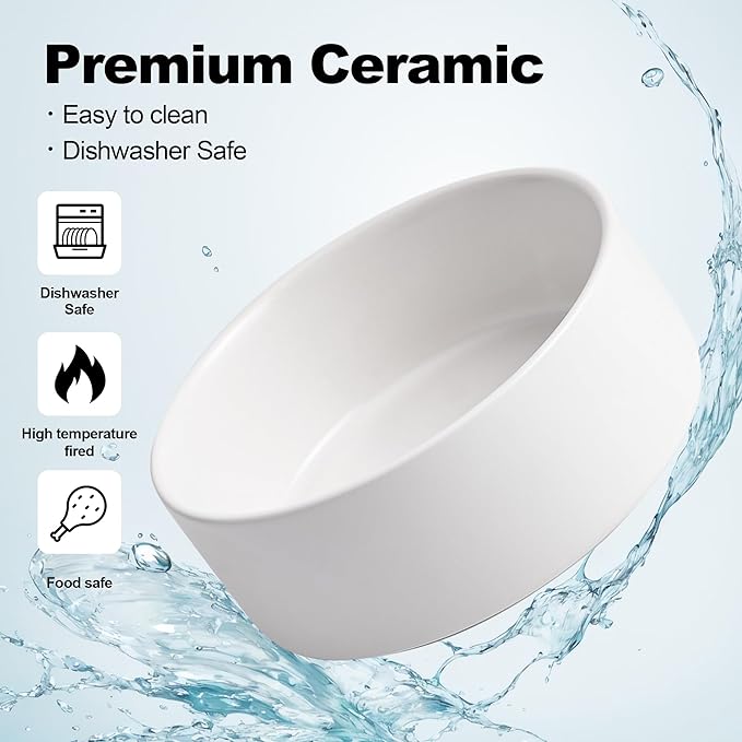 Kimdio Ceramic Dog Bowls with Wood Stand, 13.5OZ Pet Bowls Set of 2 for Medium Small Dogs and Cats - Non-Slip Base Cute Pet Food & Water Basic Bowls Glaze Matte-White