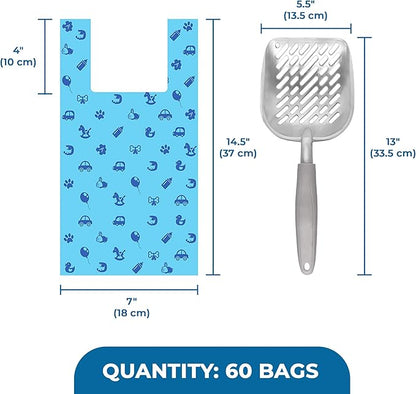 SunGrow Cat Litter Scoop and Bag Combo, Stainless Steel Deep Shovel, 60 Plastic Poop Bags with Easy-Tie Handles, Ideal for Felines & Dogs, 1 Set Per Pack