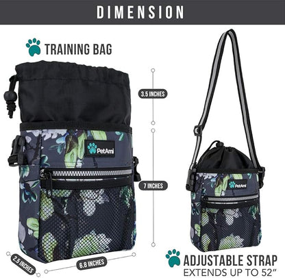 PetAmi Dog Treat Pouch, Pet Treat Pouch for Training, Dog Walking Bag Holder for Kibbles, Pet Food Toy, Dog Trainer Essentials Supplies, Poop Bag Dispenser, 3 Ways to Wear (Floral Grey)