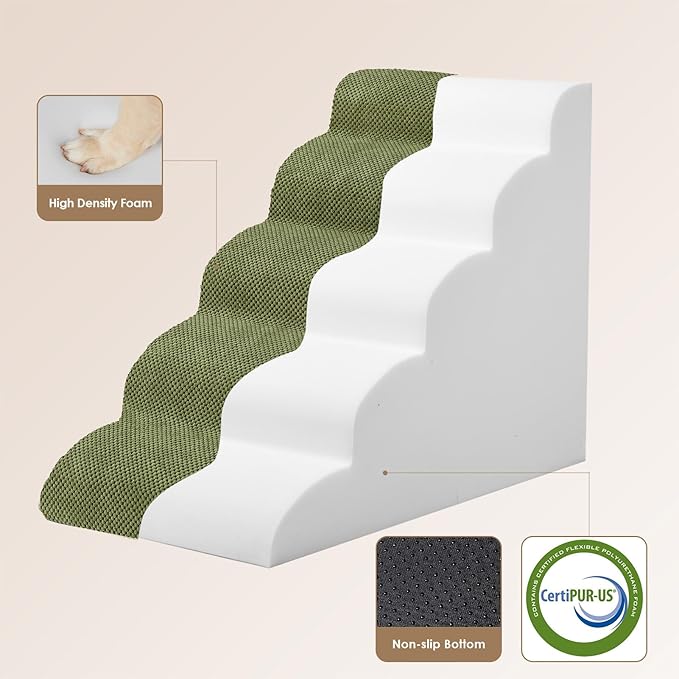 EHEYCIGA Curved Dog Stairs Ramp for High Beds 22.6" H, 5-Step Dog Steps for Small Dogs and Cats, Pet Stairs for High Bed Climbing, Non-Slip Balanced Pet Step Indoor, Olive Green