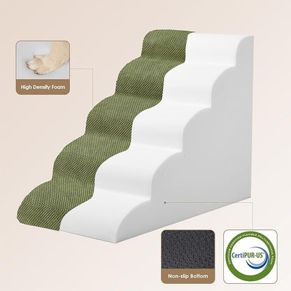 EHEYCIGA Curved Dog Stairs Ramp for High Beds 22.6" H, 5-Step Dog Steps for Small Dogs and Cats, Pet Stairs for High Bed Climbing, Non-Slip Balanced Pet Step Indoor, Olive Green