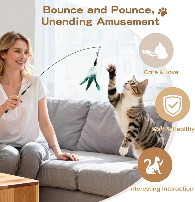 Pawaboo Feather Teaser Cat Toy, Interactive Wands Cats Toy Flying Feathers Cat Catcher with Extra Long 34.5" Wand and Small Bell, Playing Toys, 1 Wand + 10 Feathers, Multi-Color Feather Blend