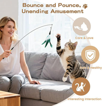 Pawaboo Feather Teaser Cat Toy, Interactive Wands Cats Toy Flying Feathers Cat Catcher with Extra Long 34.5" Wand and Small Bell, Playing Toys, 1 Wand + 10 Feathers, Multi-Color Feather Blend