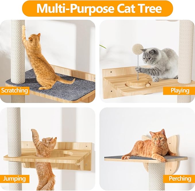 Wall Mounted Cat Tree with 2pcs Non-Slip Carpet, 63" Tall Sisal Scratching Post and Cat Shelves Perch with Wood Track Toy Ball, Cat Wall Shelf ClimbingTower for Indoor Middle Large Kitten