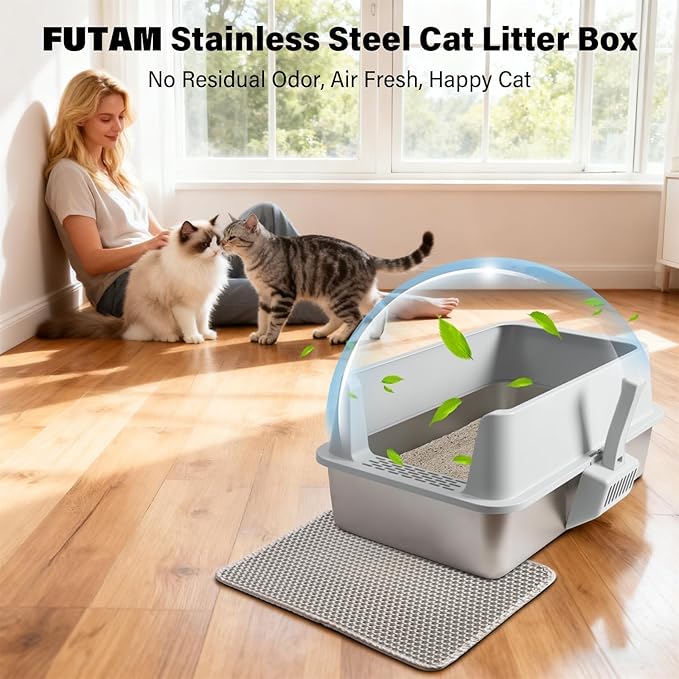 2PACK Stainless Steel Litter Box, Extra Large Cat Litter Boxes for Big Cats, XL Metal Cat Litter Box with High Sides Lid, Anti-Urine Leakage, Non-Sticky, Scoop and Mat Included