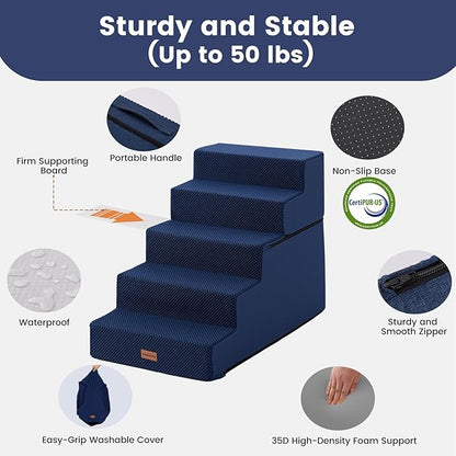 Gardner Pet Dog Stairs for Small Dogs 22.8" H, 5-Step Extra Wide Dog Stairs for High Bed, Pet Steps for Small Dogs and Cats Couch with Durable Non-Slip Waterproof Fabric Cover and Soft Foam, Navy