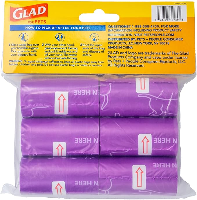 Glad for Pets Scented Waste Bags, Tear Resistant Pet Poop Pick-up Bags with Leak Protection, Fresh Lavender Scent, Purple Designs, 6 rolls, 90 bags total