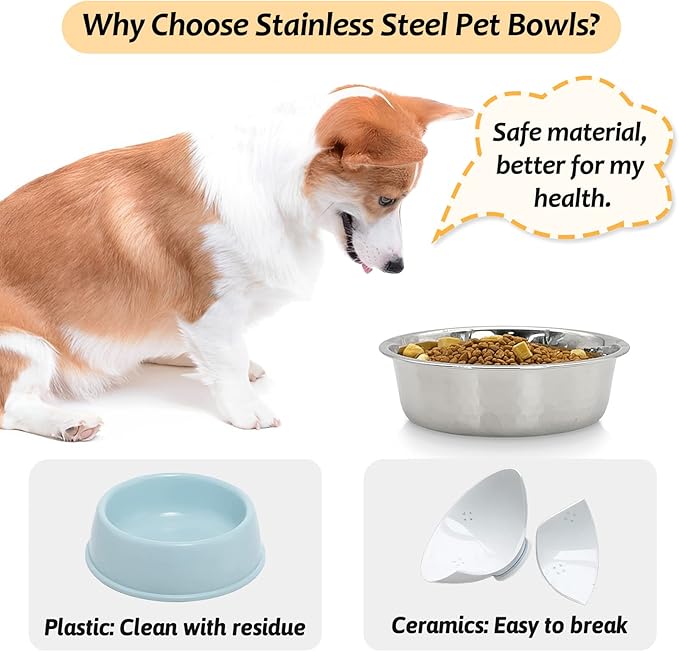 Fhiny 3 Pack Hammered Stainless Steel Dog Bowls, 8 Cups/64 Oz Premium Metal Puppy Feeder Bowl Set for Raised Feeding Station Basic Kitten Food & Water Dishes for Small & Medium Pets Dishwasher Safe