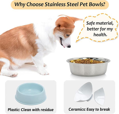 Fhiny 3 Pack Hammered Stainless Steel Dog Bowls, 8 Cups/64 Oz Premium Metal Puppy Feeder Bowl Set for Raised Feeding Station Basic Kitten Food & Water Dishes for Small & Medium Pets Dishwasher Safe