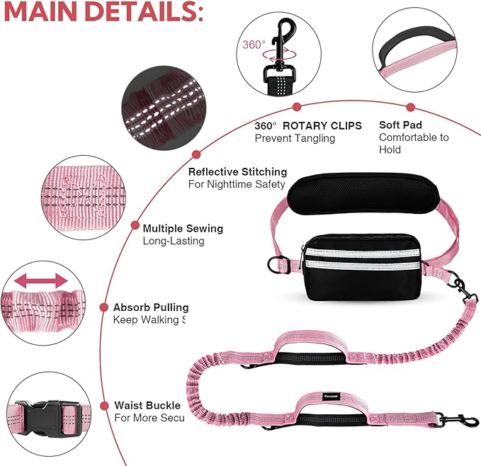 Hands Free Dog Leash, Adjustable Waist Belt with Double Padded Handles No Pull,Pink
