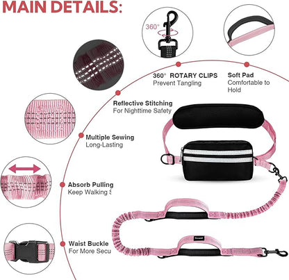 Hands Free Dog Leash, Adjustable Waist Belt with Double Padded Handles No Pull,Pink