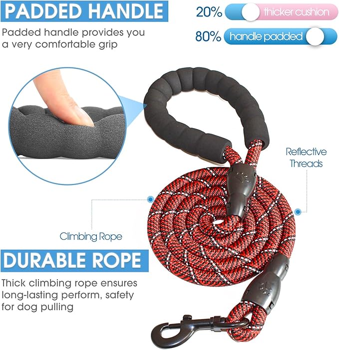 BAAPET 2/4/5/6 FT Dog Leash with Comfortable Padded Handle and Highly Reflective Threads for Small Medium and Large Dogs (5FT-1/2'', Black Red)