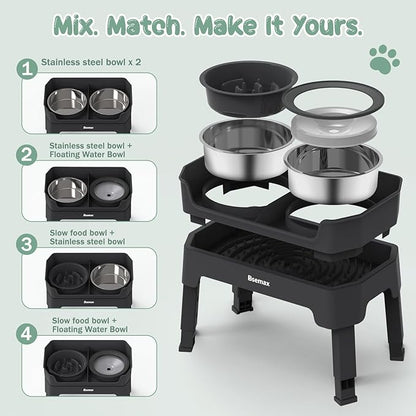 4 in 1 Adjustable Elevated Dog Bowls with 2*Stainless Steel Bowls, Anti-Spill Water Bowl, 4 Heights Raised Dog Bowl Stand for Small to Medium & Growing Large Puppies, Anti-Slip, Mess Proof Design