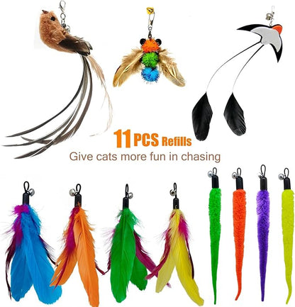 Interactive Cat Wand Toy Set – 2 Retractable Wands (38" & 50") with 11 Refills Attachments – Feather Toys, Plush Bird, Worms, Insect & Swallow – Cat Teaser Toys for Indoor Cats & Kittens