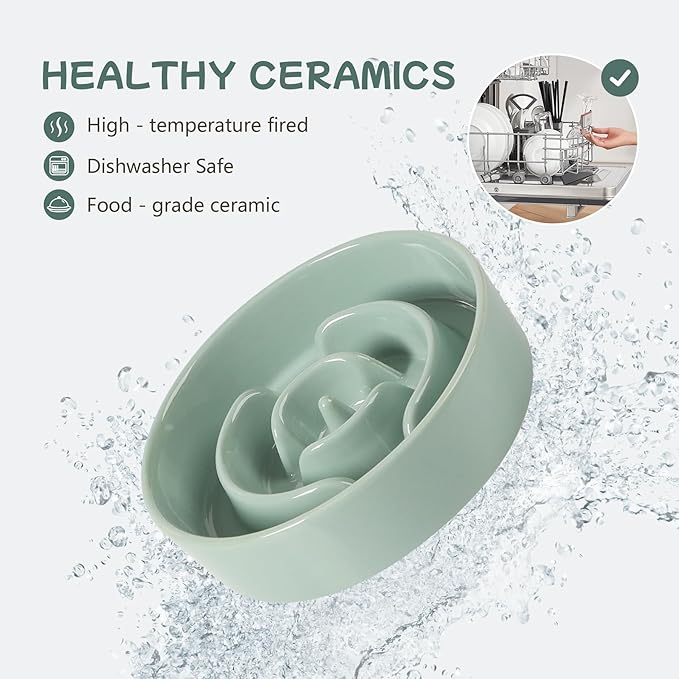 Ceramic 0.9 Cup Raised Dog Slow Feeder Set, Elevated Bowl with Wooden Stand for Small Dog and Cat, 6.1inch Puzzle Slow Dog Food Dish, Anti-Gulping(Light Green, Single Bowl+ Stand)