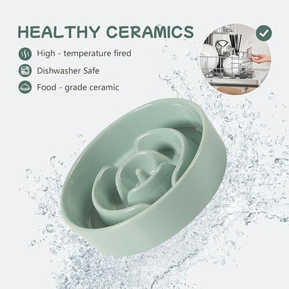 Ceramic 0.9 Cup Raised Dog Slow Feeder Set, Elevated Bowl with Wooden Stand for Small Dog and Cat, 6.1inch Puzzle Slow Dog Food Dish, Anti-Gulping(Light Green, Single Bowl+ Stand)