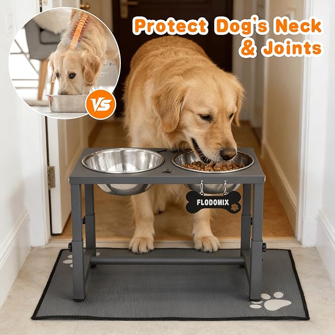 Elevated Dog Bowls, 4 Height Adjustable Metal Raised Bowl Stand with 2 Thick Stainless Steel Food Bowls & Spill-Proof Mat, Adjusts to 13.6'', 12.2'', 10.9'', 9.5'' for Large/Medium Breeds
