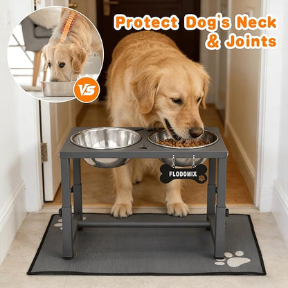 Elevated Dog Bowls, 4 Height Adjustable Metal Raised Bowl Stand with 2 Thick Stainless Steel Food Bowls & Spill-Proof Mat, Adjusts to 13.6'', 12.2'', 10.9'', 9.5'' for Large/Medium Breeds