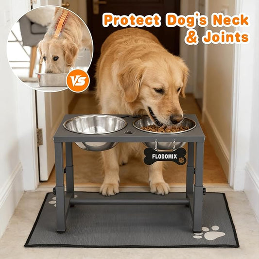 Elevated Dog Bowls, 4 Height Adjustable Metal Raised Bowl Stand with 2 Thick Stainless Steel Food Bowls & Spill-Proof Mat, Adjusts to 13.6'', 12.2'', 10.9'', 9.5'' for Large/Medium Breeds