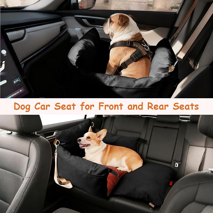 Dog Car Seats for Small Dogs, 2-in-1 Pet Booster Seat with Side-Zip Expandable Bed, Handles and a Storage Pocket, Clip-On Safety Leash and PP Cotton Filling, Vehicle Bed for Puppy up to 25 lbs (Black)