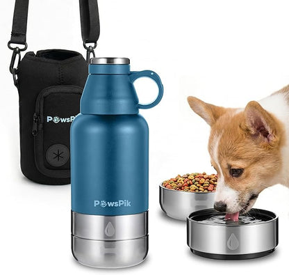 PawsPik 32oz 3-in-1 Travel Dog Water Bottle & Bowl Set – Stainless Steel Vacuum-Insulated Bottle with Detachable Food & Water Bowls, Leak-Proof, Keeps Water Cold 12hrs/Hot 6hrs (Midnight Summit Blue)