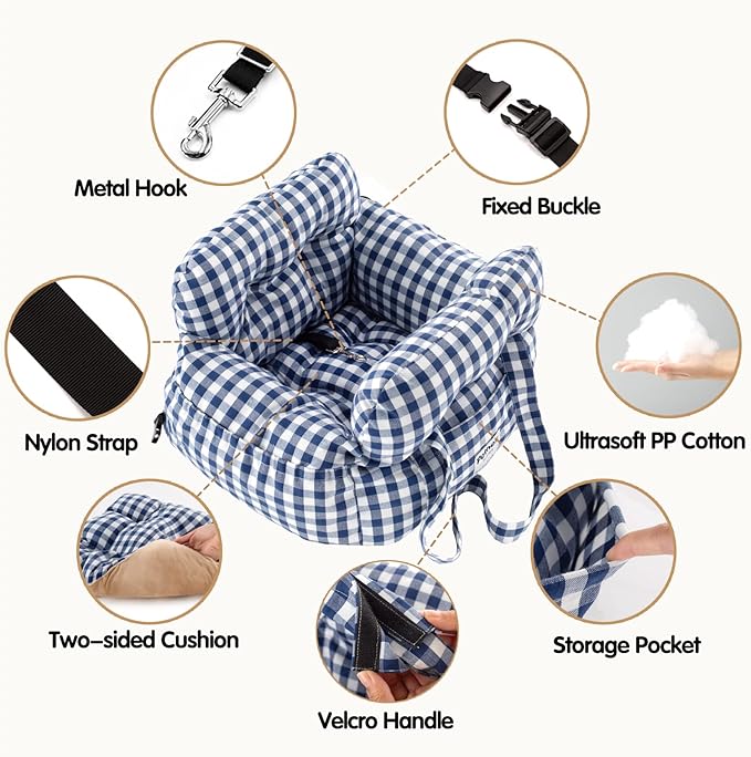Dog Car Seat for Small Dogs, Portable Puppy Car Seat of Easy Installation, Fashionable Pet Carrier Bag with Large Pockets, Machine Washable Dog Booster Seat (Checkered Navy)
