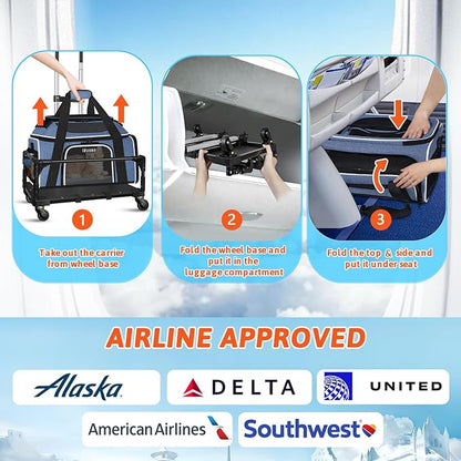 Petskd Top and Side Expandable Pet Carrier with Wheels 17x11x9.5 Inches Alaska Airline Approved, Soft-Sided Carrier for Small Cats and Dogs with Locking Safety Zippers and Anti-Scratch Mesh(Blue)