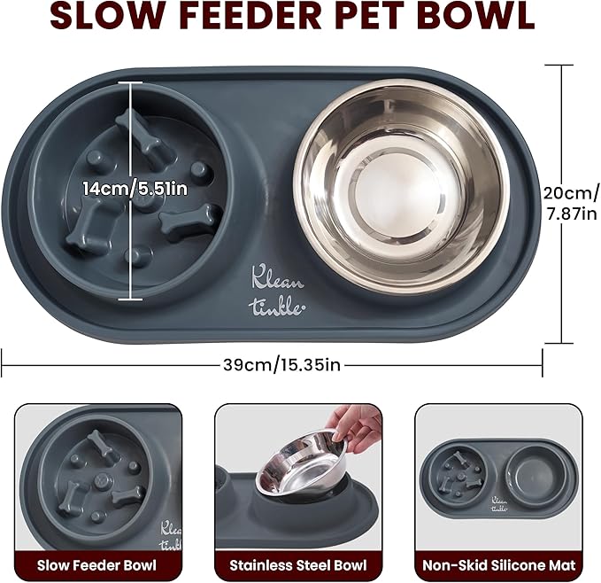 Pets Dog Bowl Set - Anti Skid Removable Double Slow Feeder Dog Bowls with Non Skid Silicone Mat - Stainless Steel Dog Water Bowl for Cats & Pets – A Beautiful Slate Gray Color